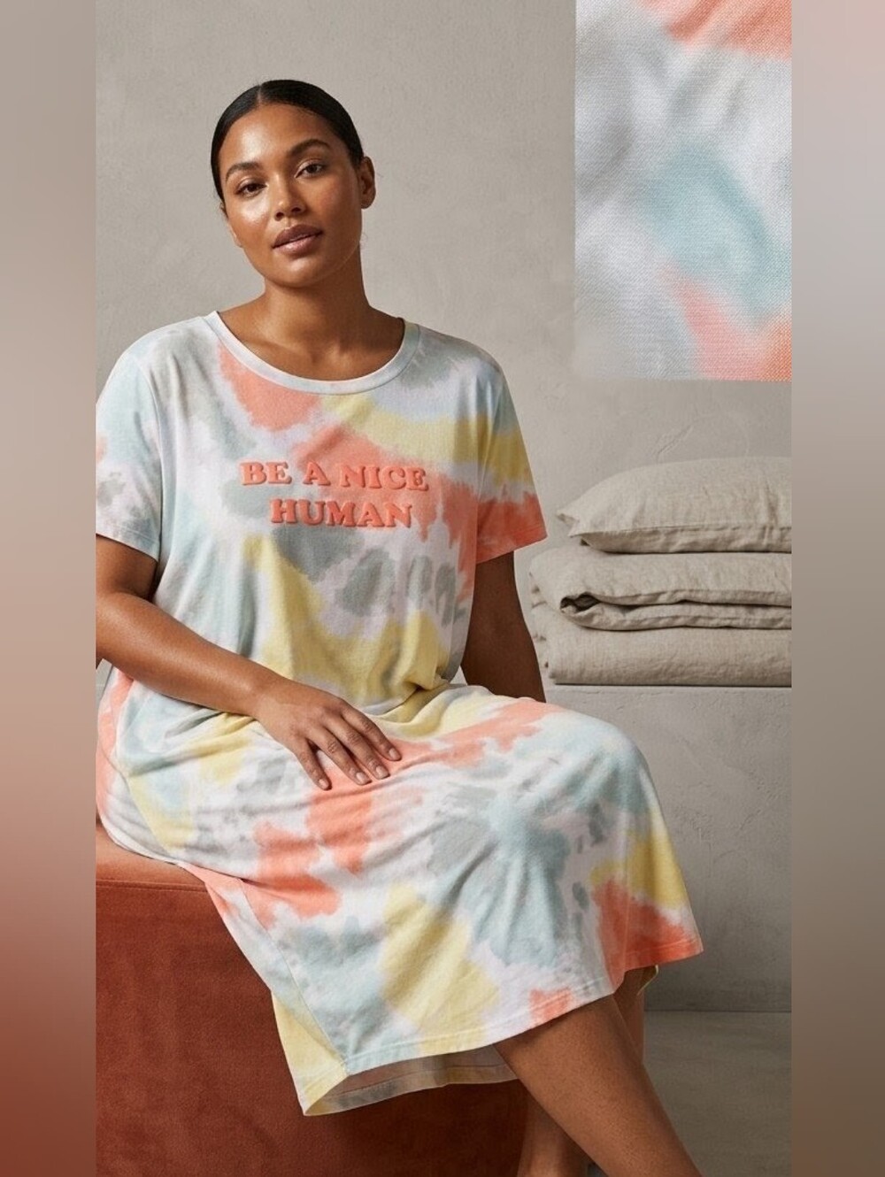 Be A Nice Human Tie-Dye Short Sleeve Nightshirt - Pastel Multi